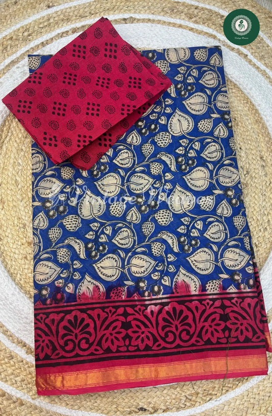 Dailywear cotton saree leaf printed small-Blue with Red