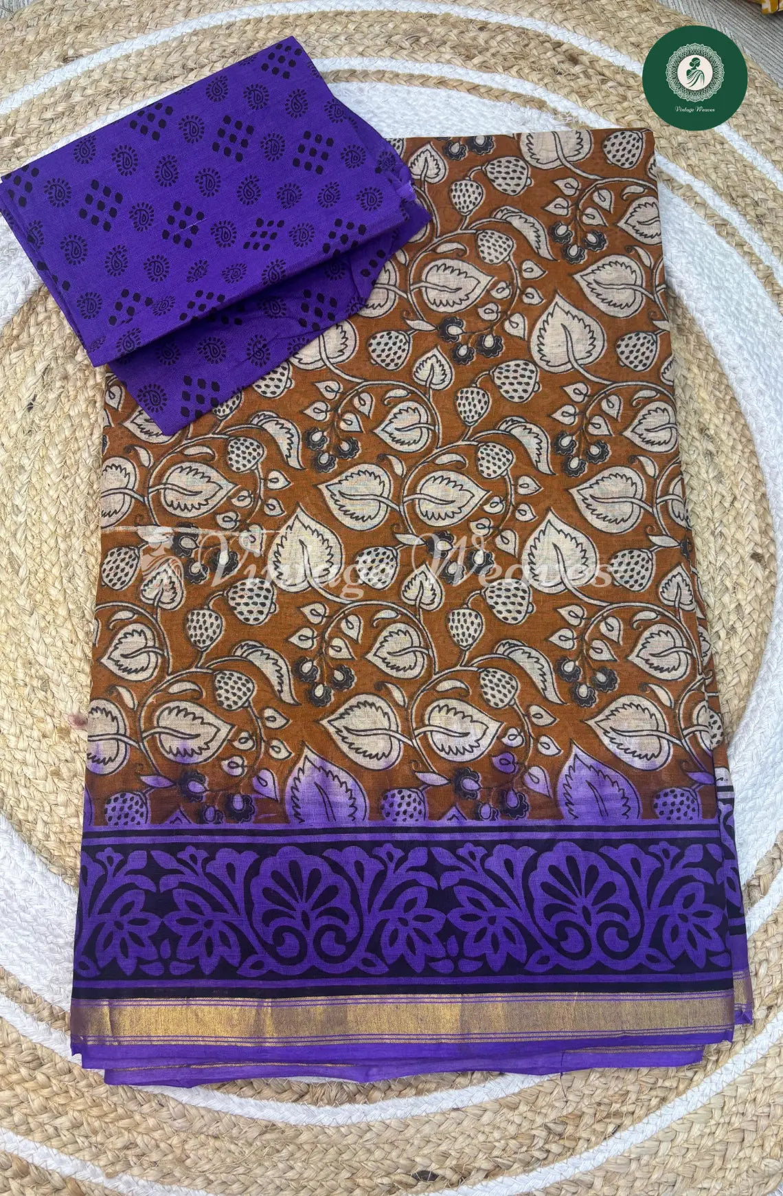 Dailywear cotton saree leaf printed small-Brown with Blue