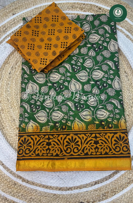 Dailywear cotton saree leaf printed small-Green with Yellow