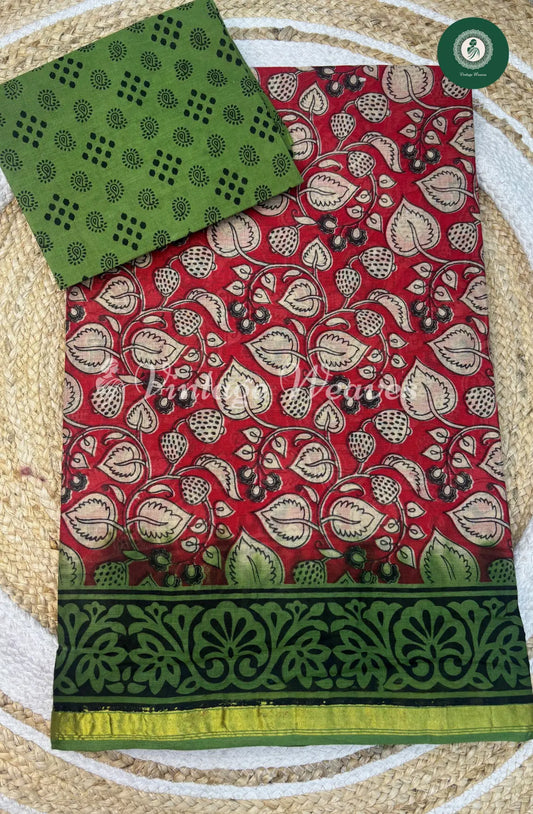 Dailywear cotton saree leaf printed small-Red with Green