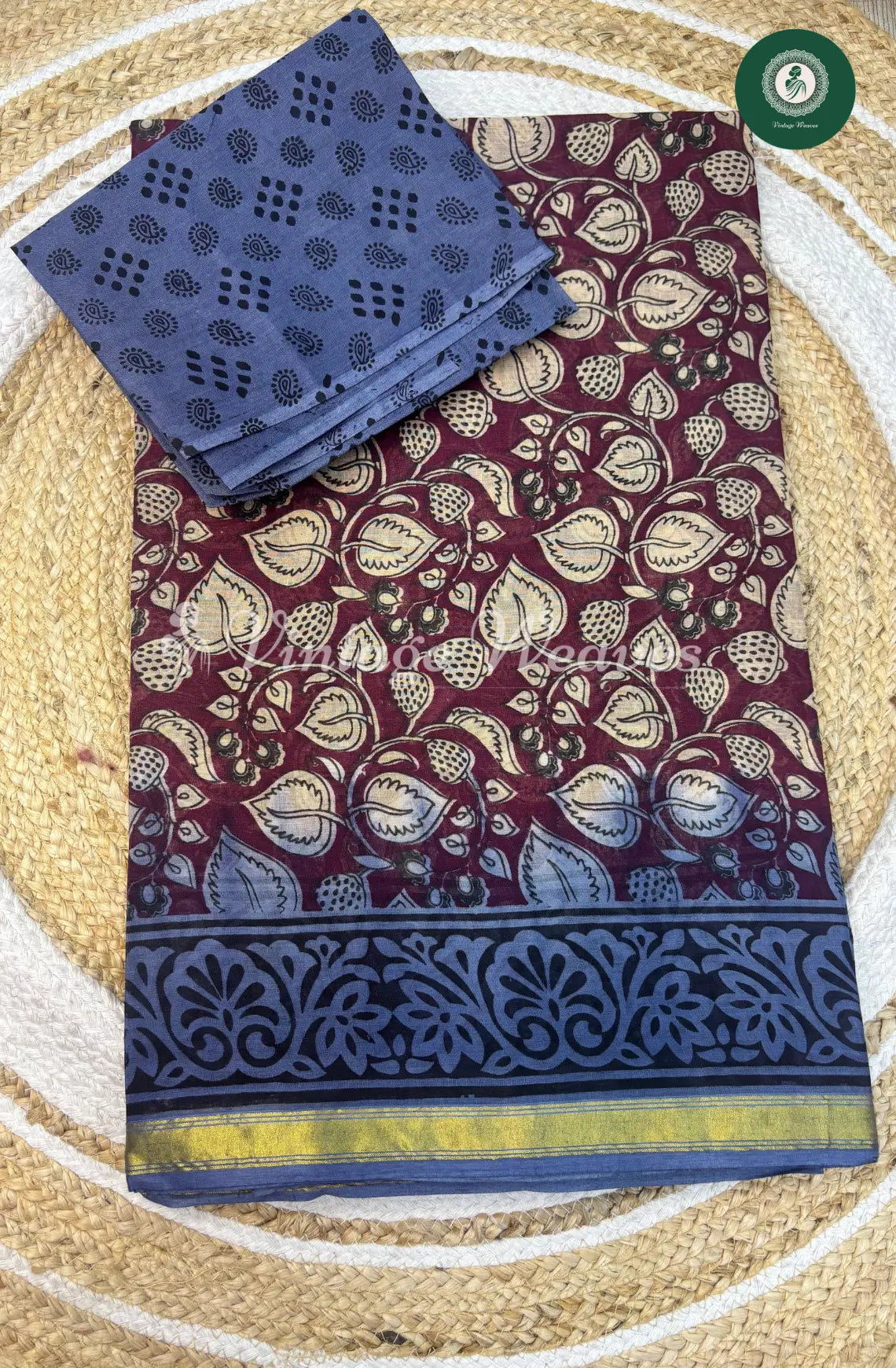 Dailywear cotton saree leaf printed small-Wine with Grey