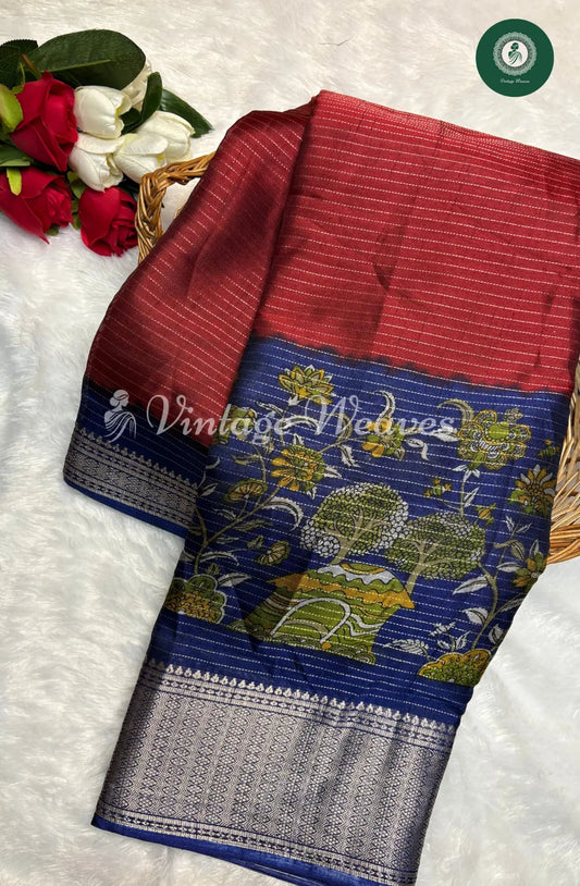 Dola Silk Maroon and Blue with NatureMotif and Zari Border