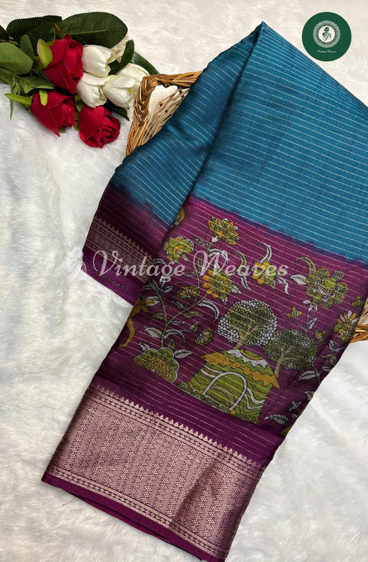 Dola Silk TealBlue and Wine with NatureMotif and Zari Border