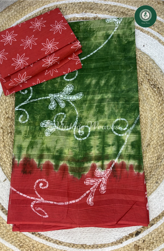 Doriya Cotton Saree With DischargePrint-Green