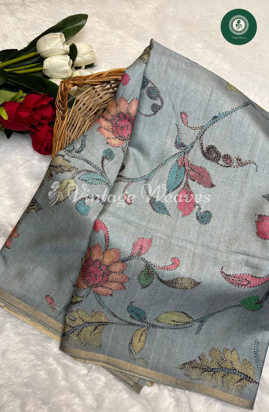 Elegant PastelBlueTusser Saree with Floral Weaving