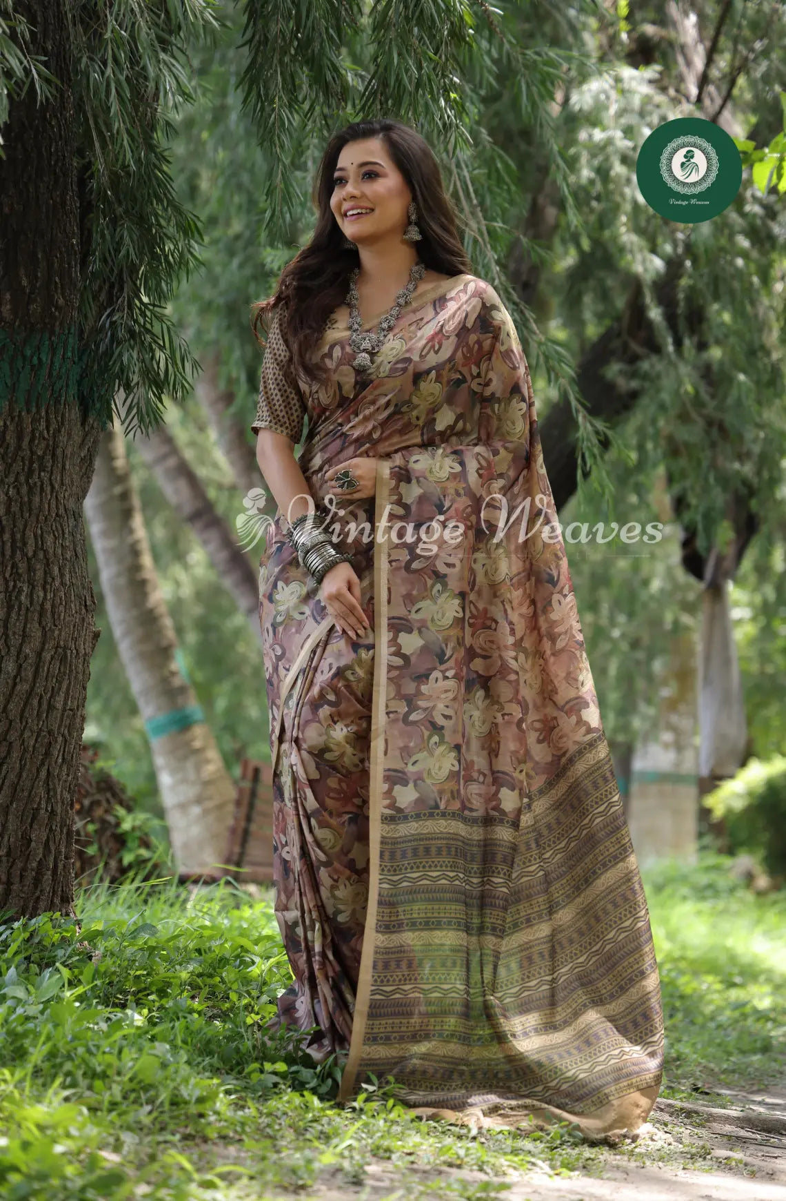 Fancy Floral Printed Tusser Saree-Brown
