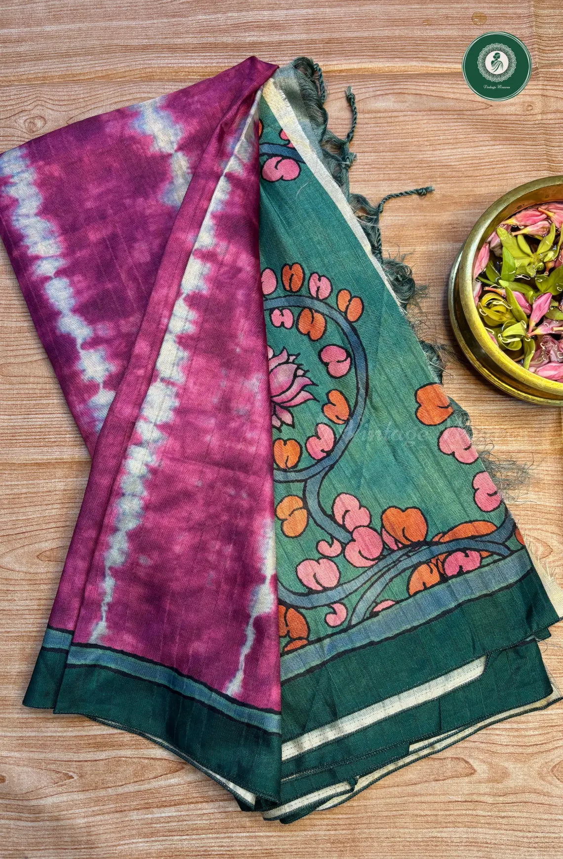 Fancy Tussar Soft Silk Saree with Kalamkari Pallu & Blouse - Pink