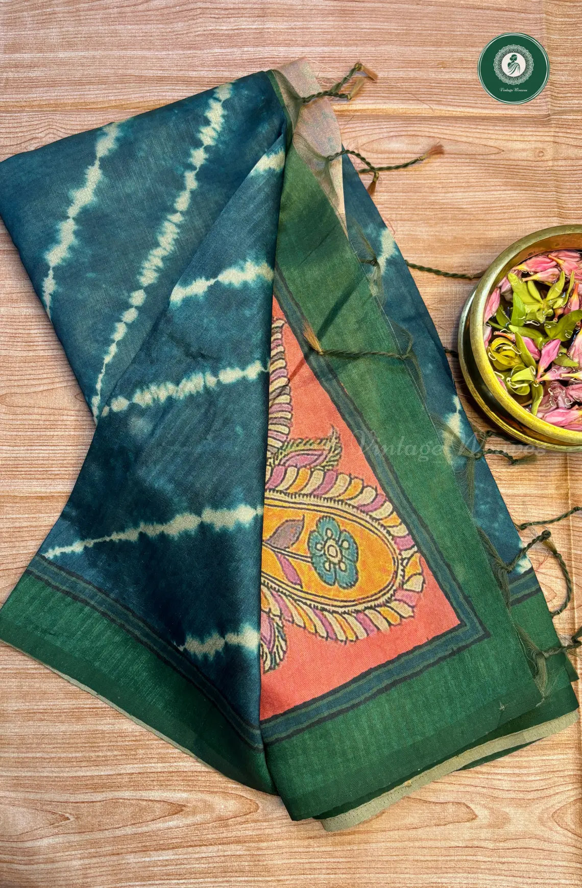 Fancy Tussar Soft Silk Saree with Kalamkari Pallu & Blouse - Teal