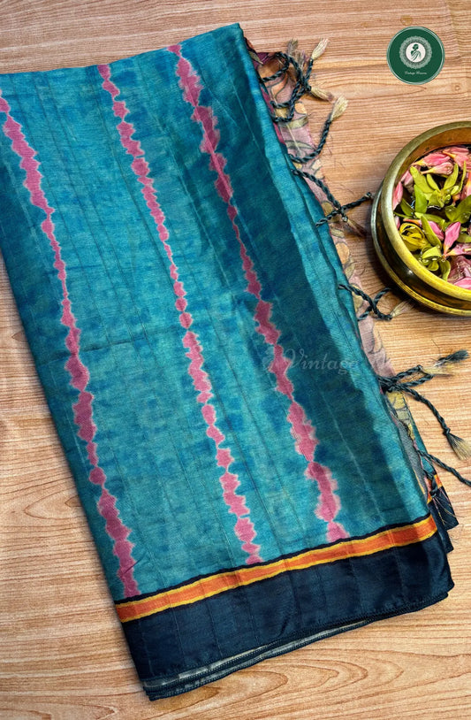 Fancy Tussar Soft Silk Saree with Kalamkari Pallu & Blouse - Blue