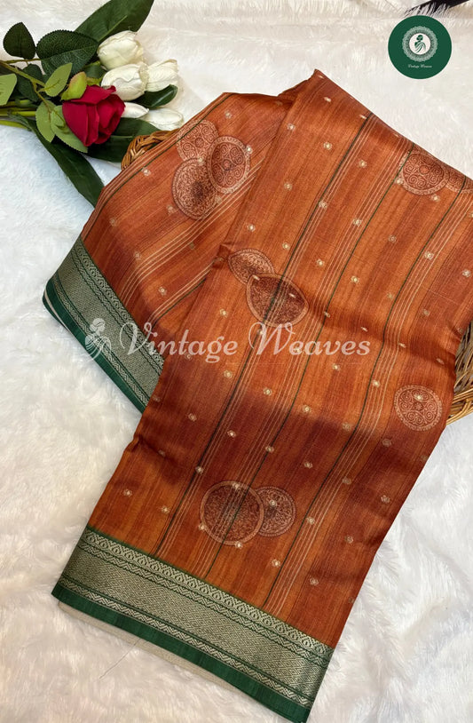 Fancy Tusser Copper Brown with Green zari border