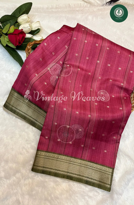 Fancy Tusser DarkPink with Green zari border