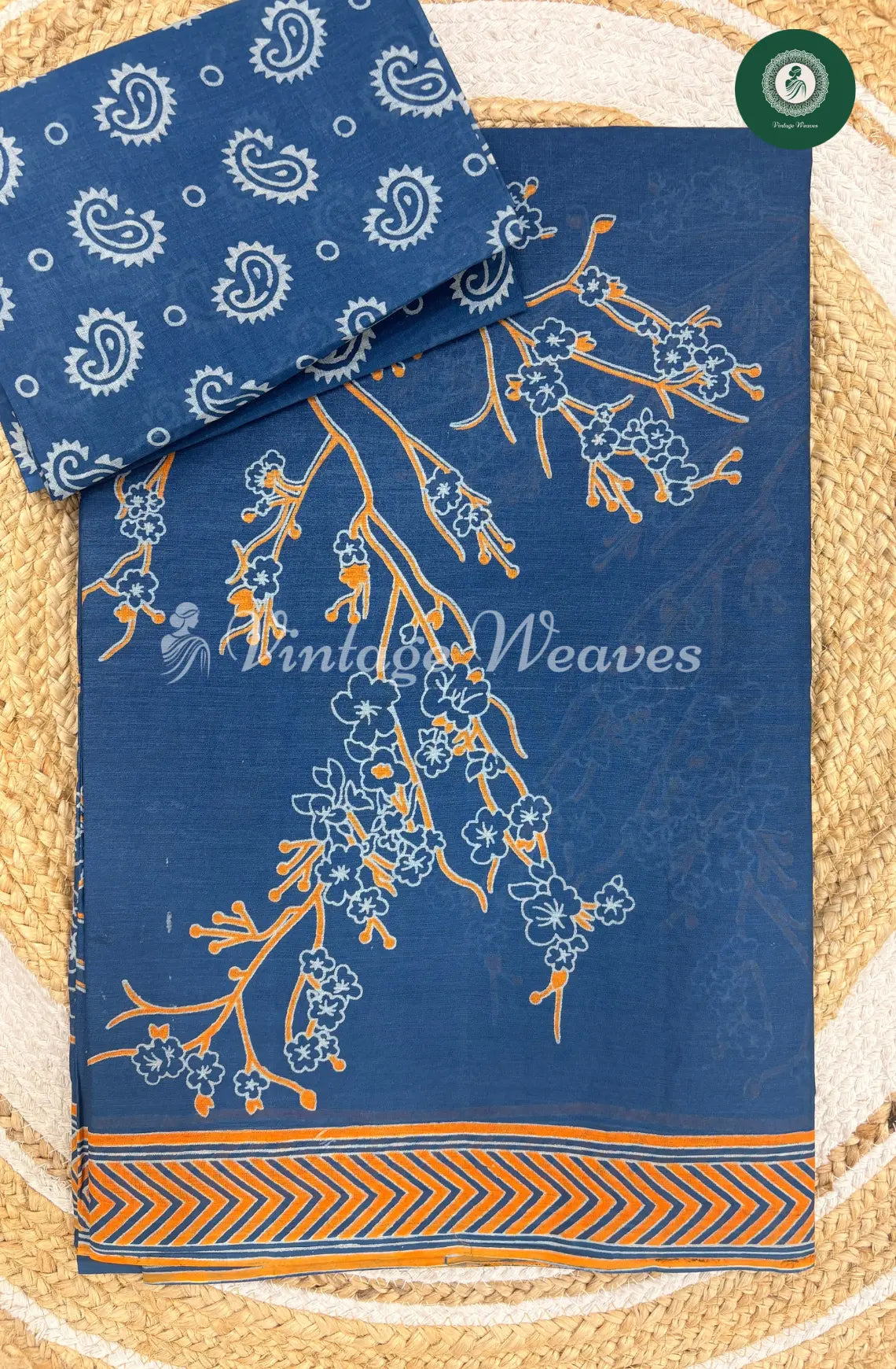 Floral Printed Cotton Saree-Blue