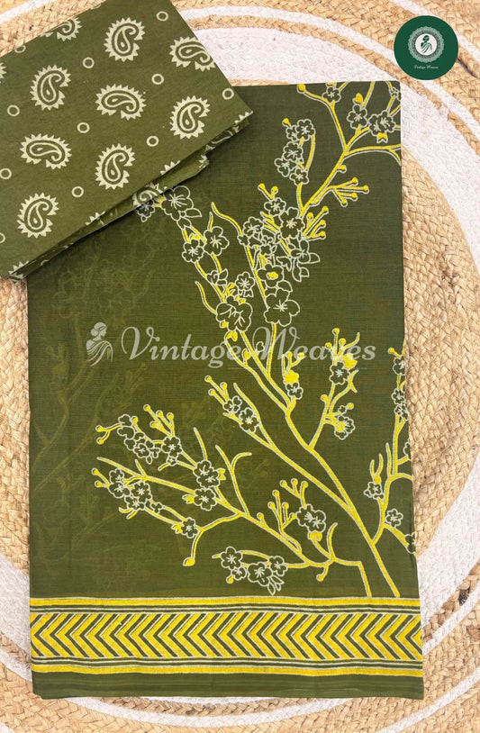 Floral Printed Cotton Saree- Green