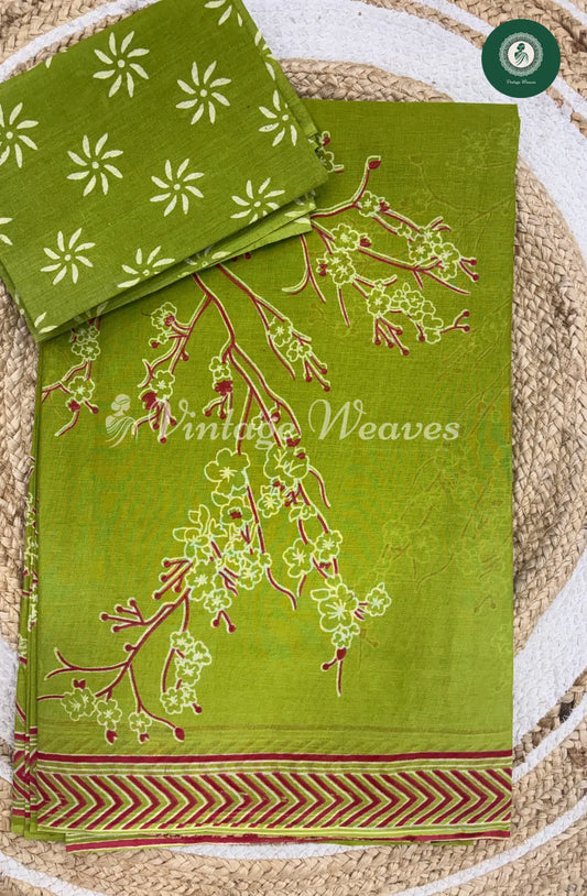 Floral Printed Cotton Saree- ParrotGreen
