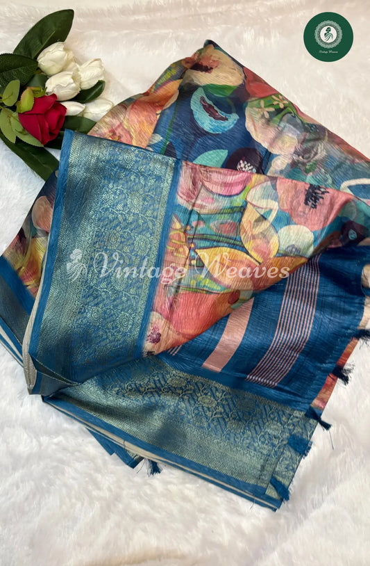 Floral Banarasi printed Saree-Beige with Blue