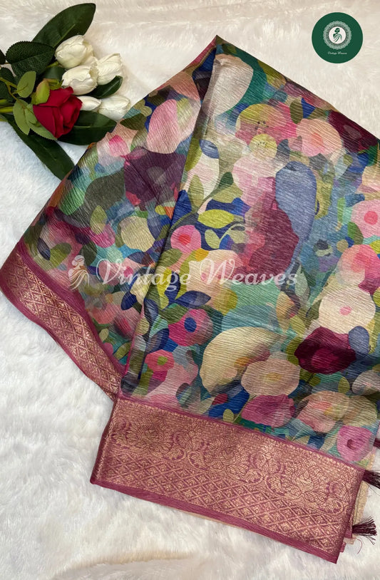 Floral Banarasi printed Saree-Multicolour with Pink