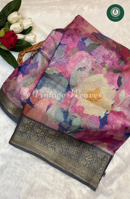 Floral Banarasi printed Saree-Pink with Cement