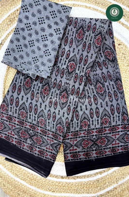 Grey Color Ikkat Printed Cotton Saree-Eye Design