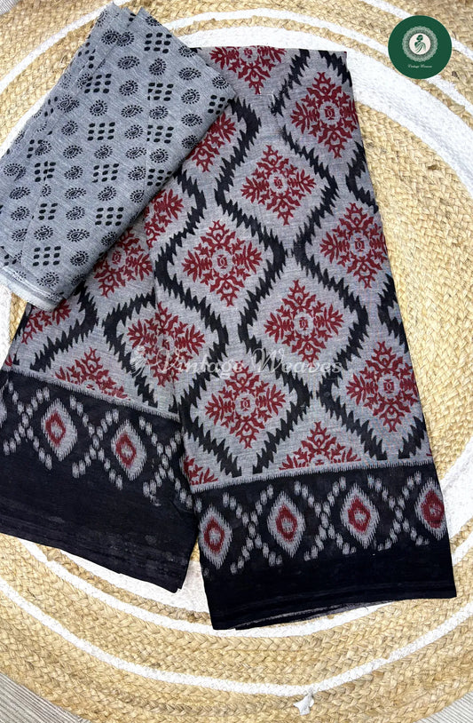 Grey Color Ikkat Printed Cotton Saree-Flower