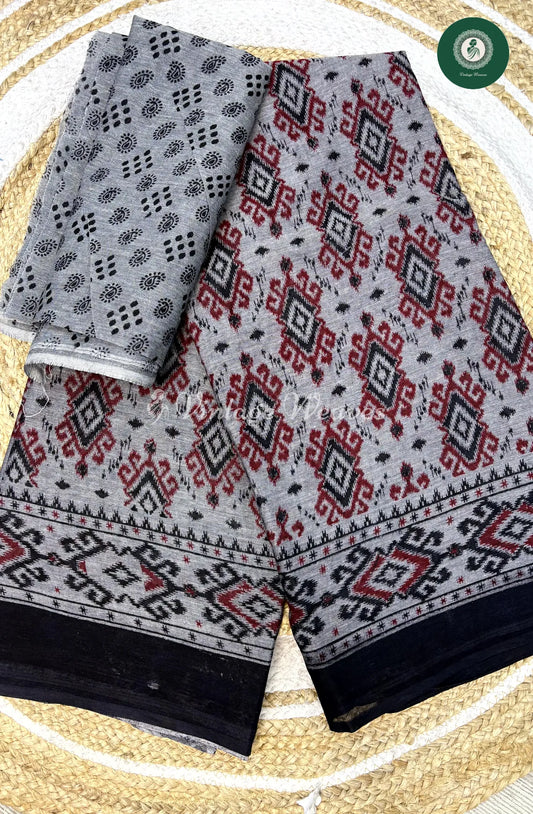 Grey Color Ikkat Printed Cotton Saree-Triangle Print
