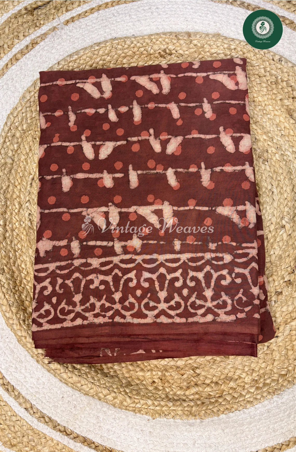 HandBlock  Mul Cotton Saree with Bird Print-Marron