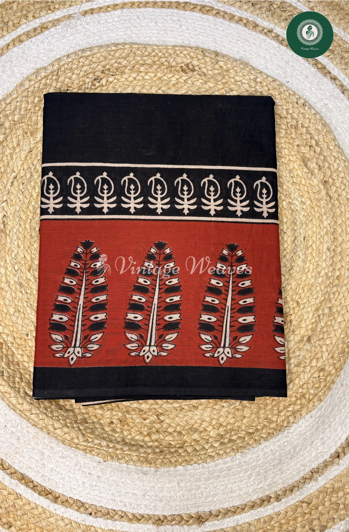 HandBlock Printed Mul Cotton Saree-Black With Marron