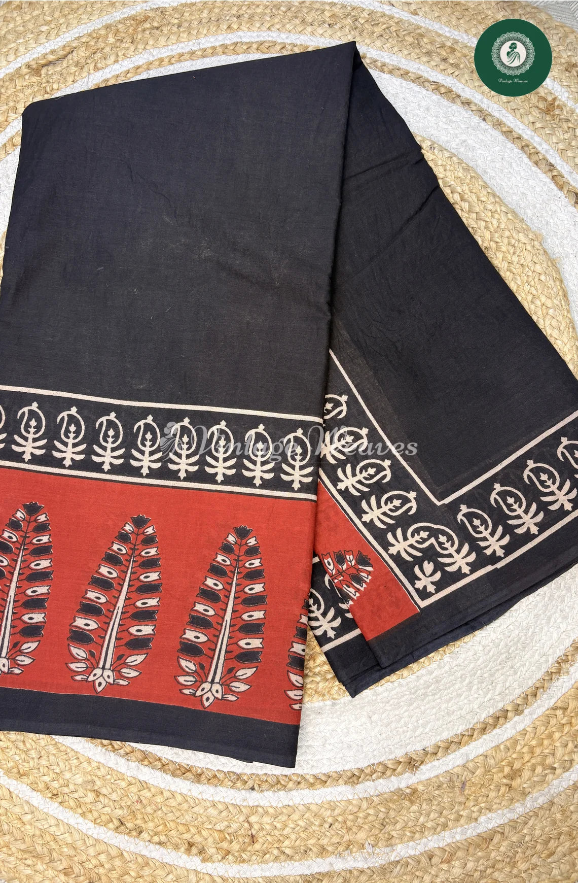 HandBlock Printed Mul Cotton Saree-Black With Marron