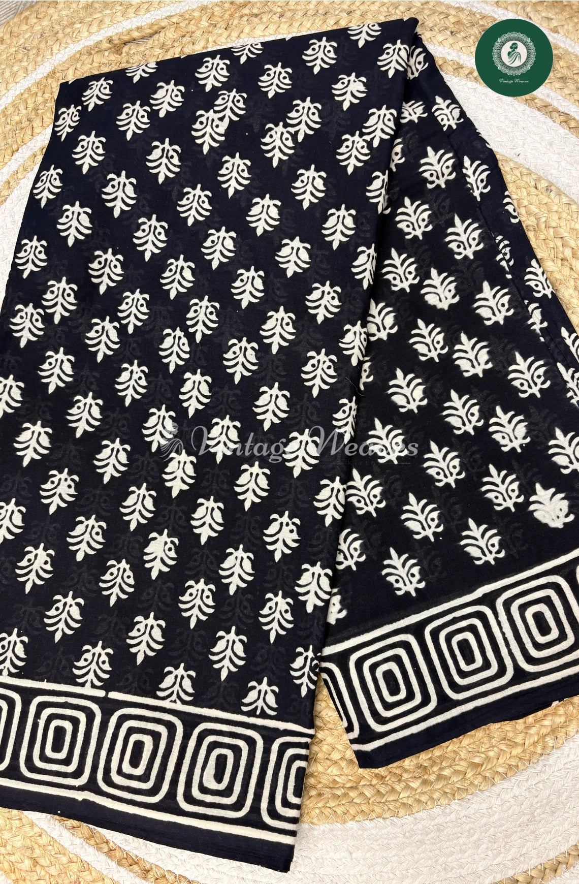 HandBlock Printed Mul Cotton Saree-Black