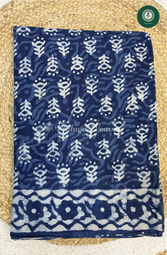 HandBlock Printed Mul Cotton Saree-Blue