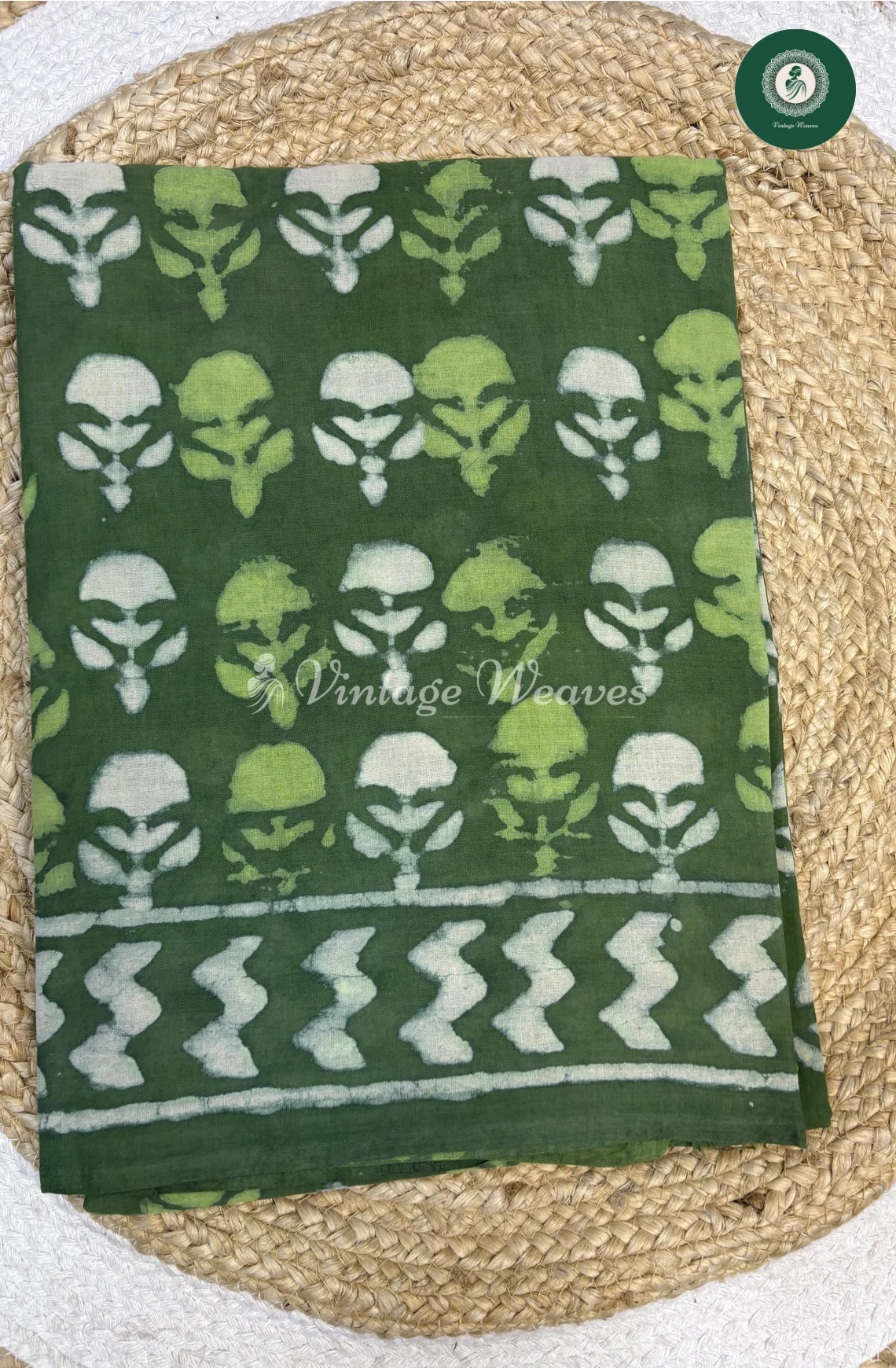 HandBlock Printed Mul Cotton Saree -DarkGreen
