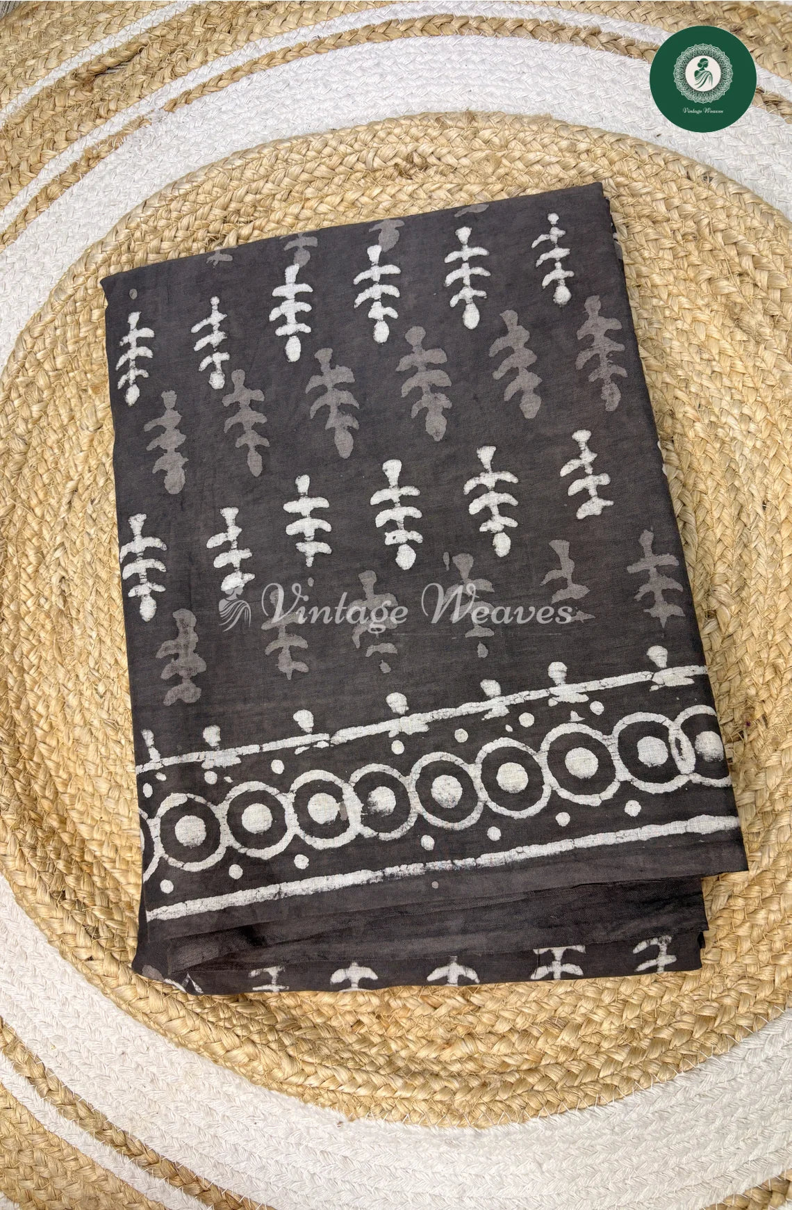 HandBlock Printed Mul Cotton Saree-DarkGrey