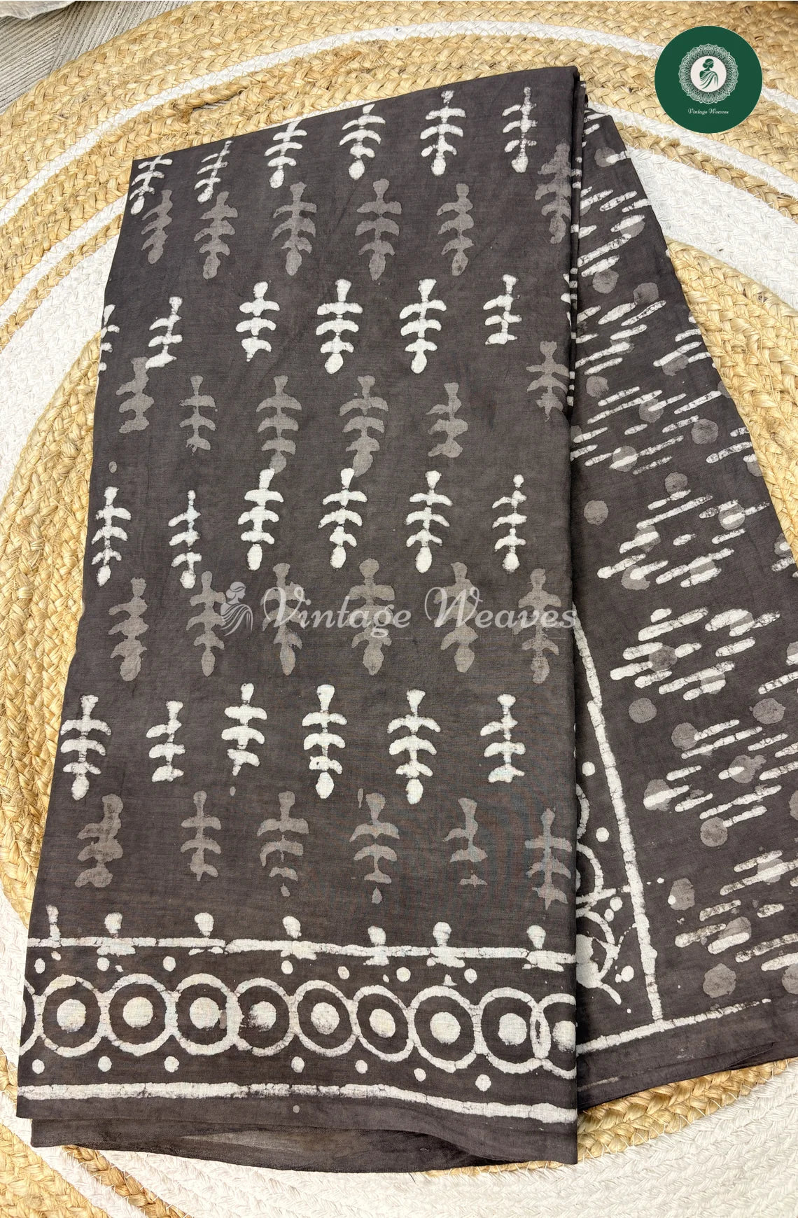 HandBlock Printed Mul Cotton Saree-DarkGrey