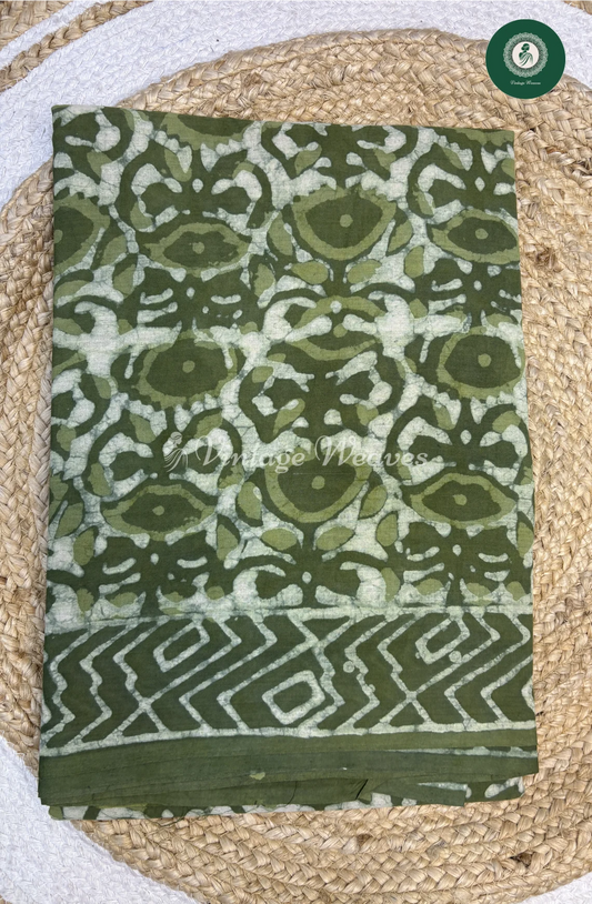 HandBlock Printed Mul Cotton Saree -Green