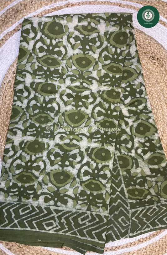 HandBlock Printed Mul Cotton Saree -Green