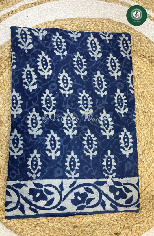 HandBlock Printed Mul Cotton Saree -Indigo