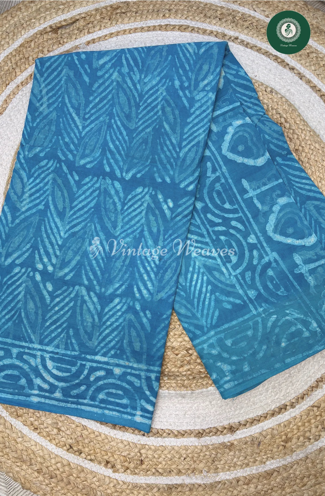 HandBlock Printed Mul Cotton Saree-LightBlue