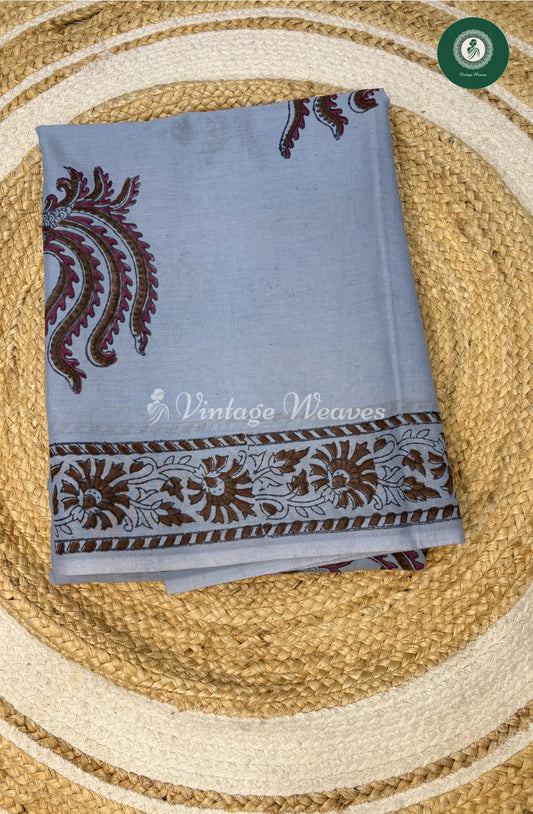 HandBlock Printed Mul Cotton Saree-LightGrey