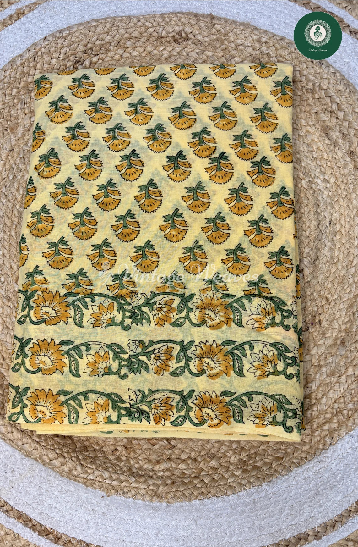 HandBlock Printed Mul Cotton Saree-Yellow