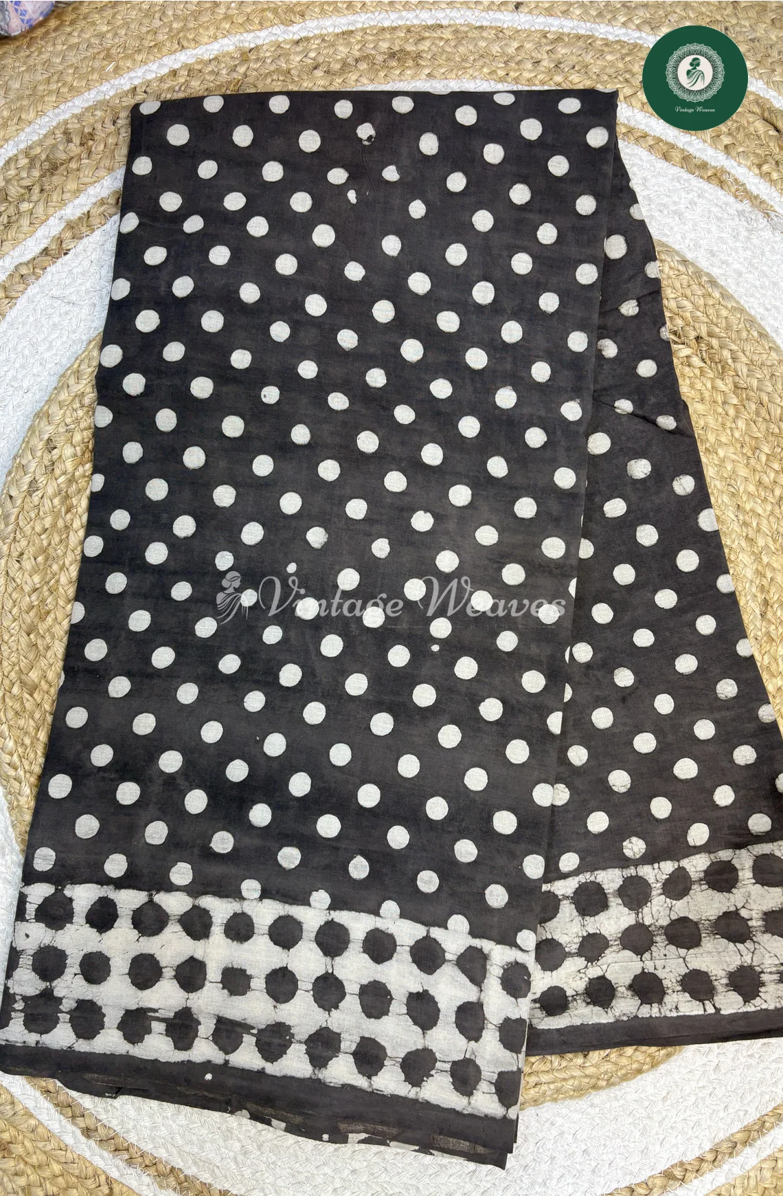 HandBlock Printed Mul Cotton Saree Dots-DarkGrey