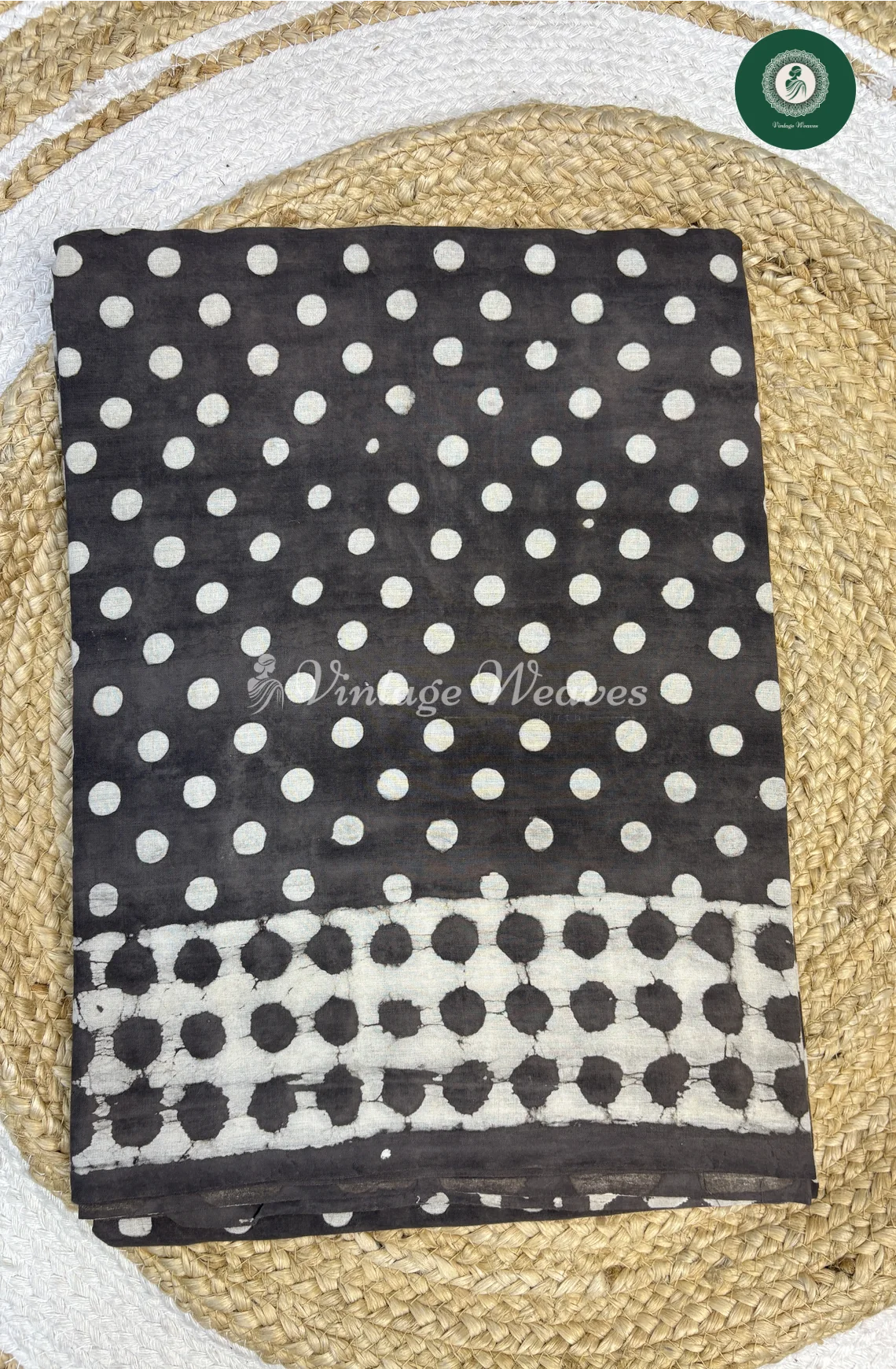 HandBlock Printed Mul Cotton Saree Dots-DarkGrey