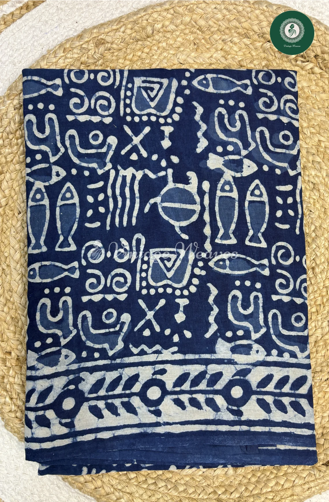 HandBlock Printed Mul Cotton Saree Fish-Indigo