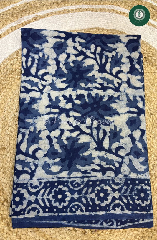 HandBlock Printed Mul Cotton Saree Flower-Blue
