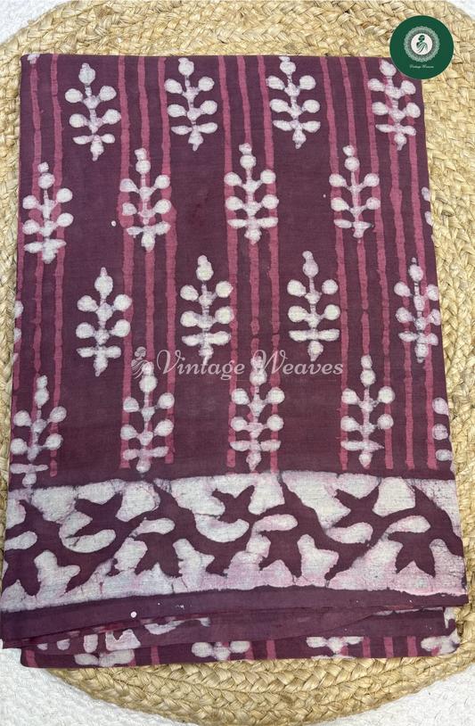 HandBlock Printed Mul Cotton Saree Flower-DeepWine