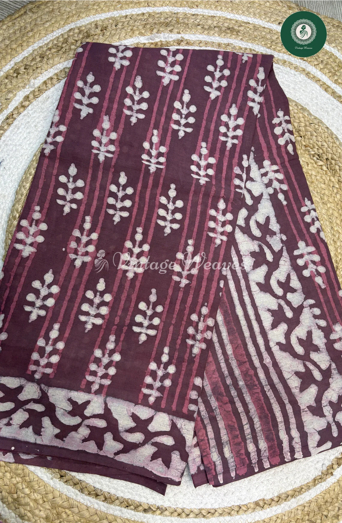 HandBlock Printed Mul Cotton Saree Flower-DeepWine