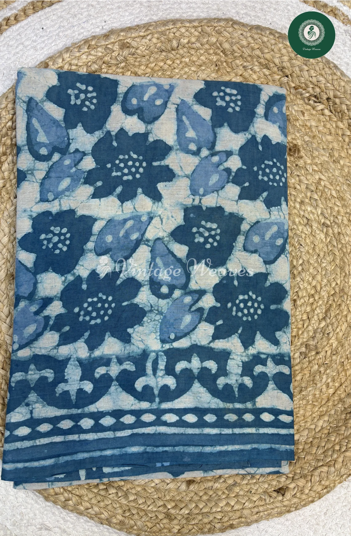 HandBlock Printed Mul Cotton Saree Flower-SkyBlue