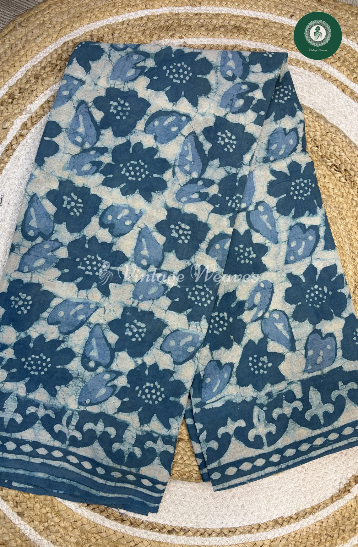 HandBlock Printed Mul Cotton Saree Flower-SkyBlue