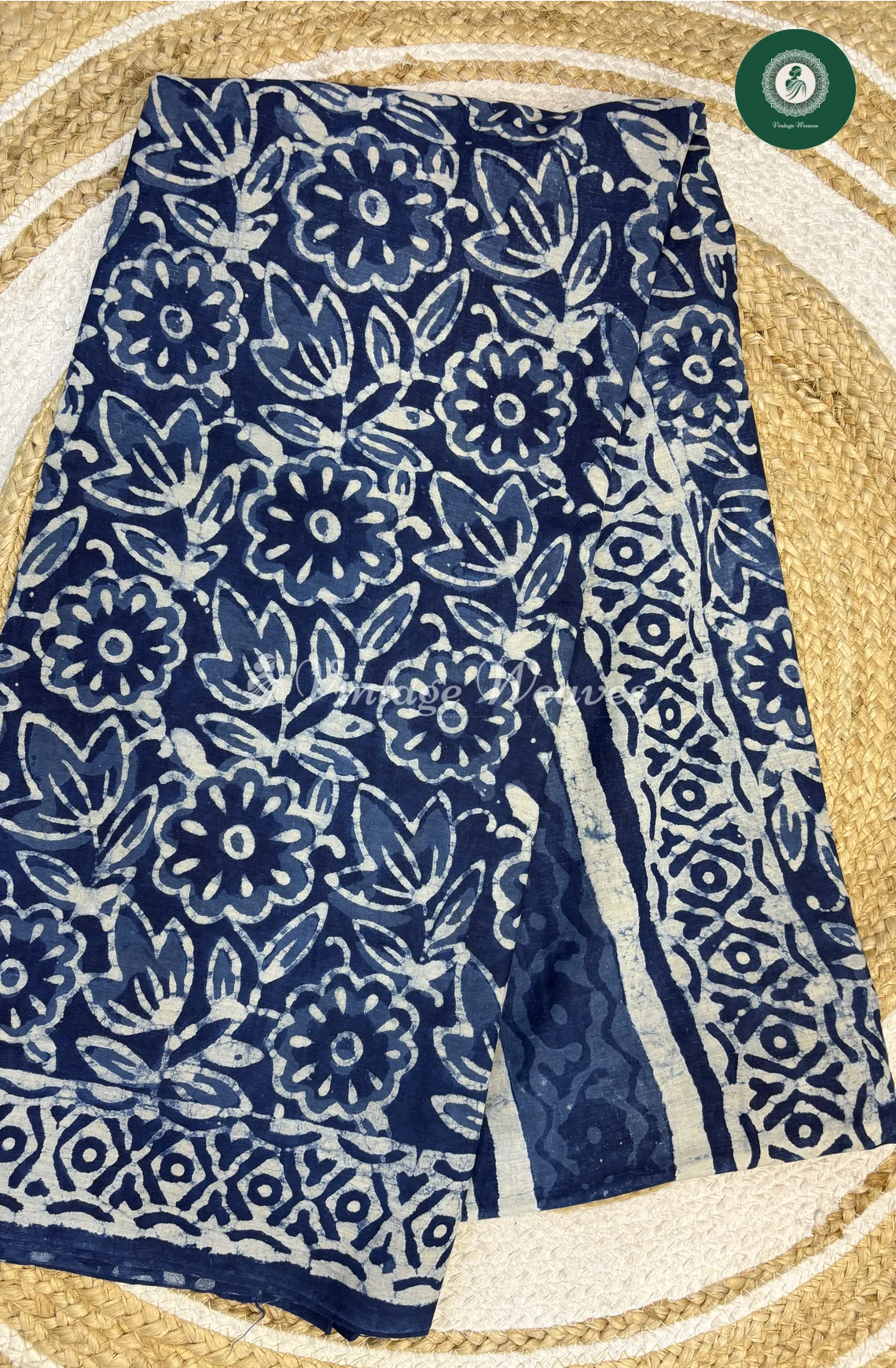 HandBlock Printed Mul Cotton Saree FlowerwithLeaf-Blue