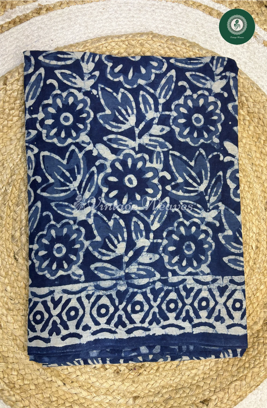 HandBlock Printed Mul Cotton Saree FlowerwithLeaf-Blue