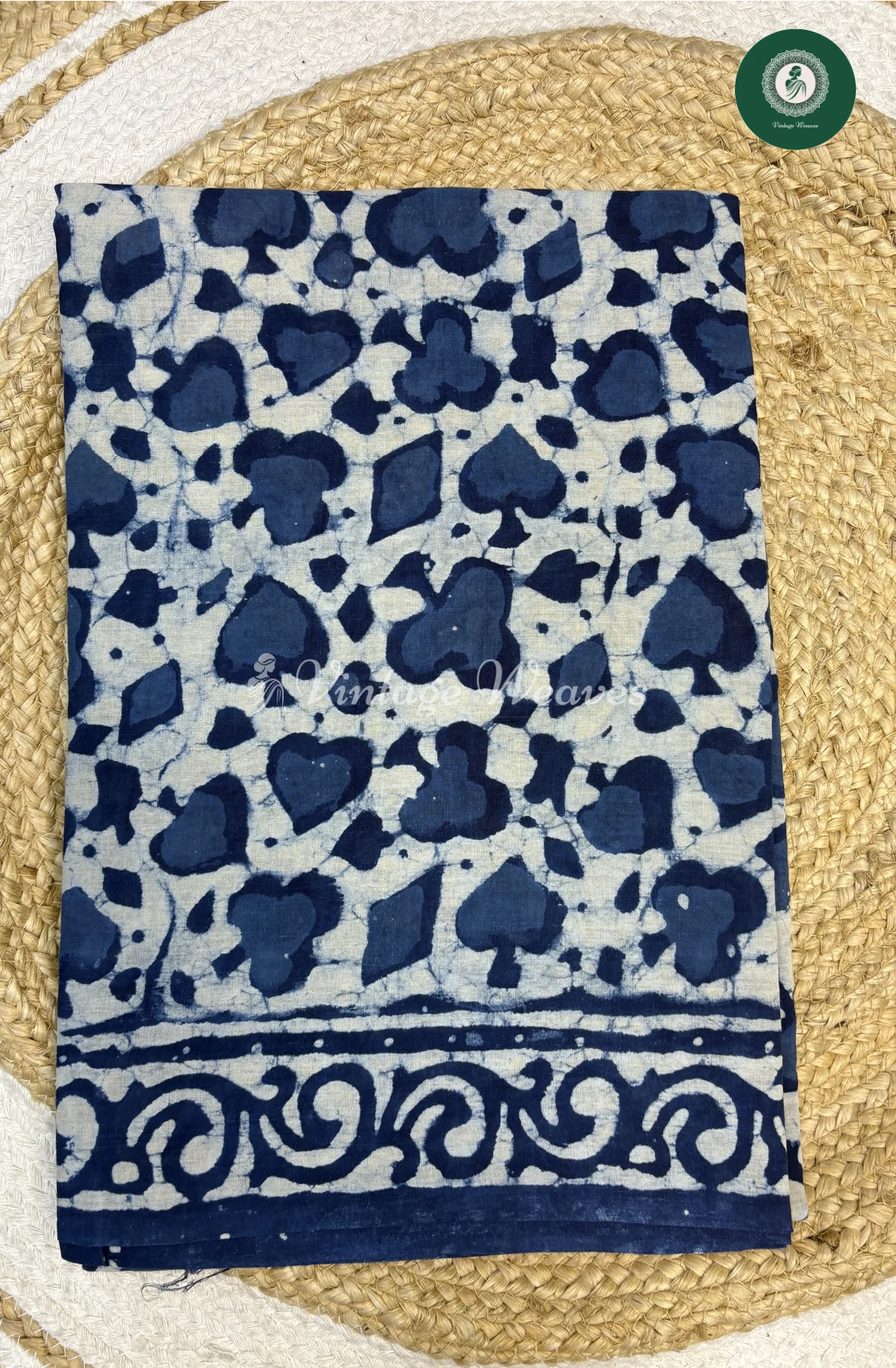 HandBlock Printed Mul Cotton Saree Heart-Indigo