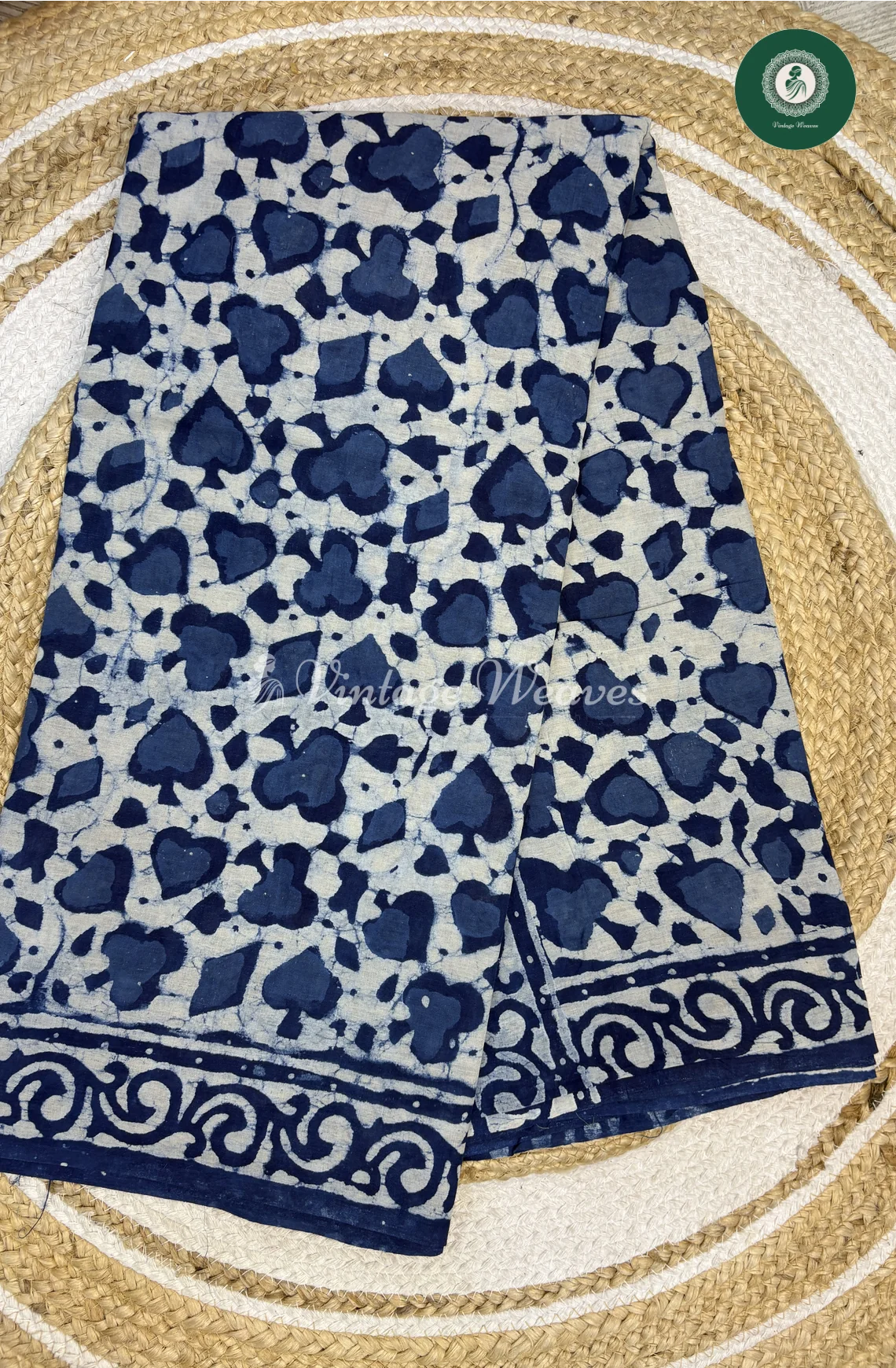 HandBlock Printed Mul Cotton Saree Heart-Indigo